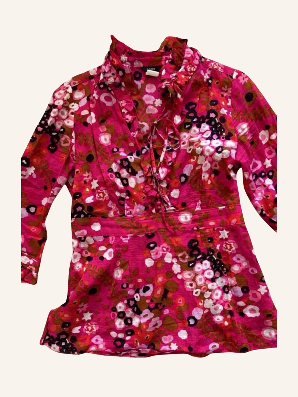 J. Crew Floral Ruffle V-Neck Tunic Top Pink Multi-Color Cotton Blend Size Small